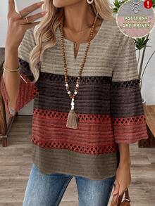 EMERY ROSE Plus Size Casual Color Block Splice Shirt Fall - Multicolor - View 1