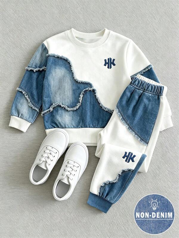 SHEIN Young Girl 2pcs/Set Casual Fashion Spring/Summer/Autumn Boys Crew Neck Sweatshirt And Sweatpants Set, Cool Geometric Patchwork Pattern, Elastic Soft Fabric, Spring/Summer/Autumn Boys Outfit Set, Suitable For Casual Outings, Back To School, Parties, Outdoor Picnics, Street Photography, Campus, Holidays, Gifts