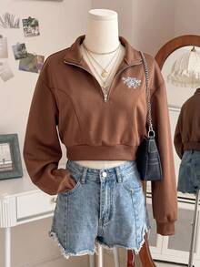 Lalippa Women's Half-Zip Casual Versatile Daily Long Sleeve Sweatshirt - Brown - View 1