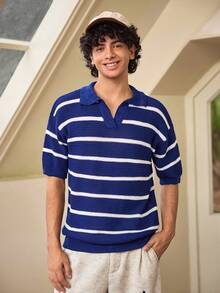 Whitmere Spring/Summer New Striped Knit Polo Shirt For Men, Contrast Color Seagull Collar, Textured Short Sleeve, Retro Casual Commute Business Sports Loose Fit Slimming Top - Blue - View 7