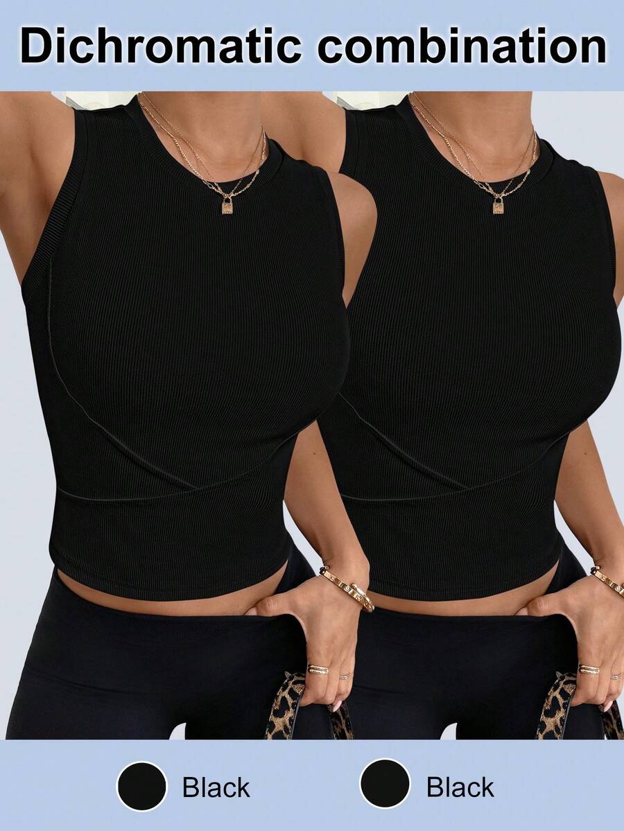 SHEIN Velisys 2件組女款基礎黑色極簡風瑜伽/運動背心,適合外出穿著 - 黑色 - 查看 1
