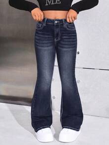 SHEIN Quần jeans ống loe phong cách Y2K cho bé gái tuổi teen, họa tiết ngôi sao đính đá, thích hợp cho mùa thu tựu trường. - Rửa tối - Xem 6