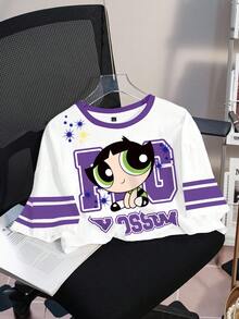 THE POWERPUFF GIRLS X SHEIN 女款字母與卡通印花休閒日常穿搭T恤 - 白色 - 查看 8