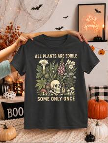 SHEIN 「所有植物皆可食用，有些僅限一次」舒適深灰色植物圖案哥德風頹廢鄉村風愛好者女款T恤，萬聖節、電音派對、夏季穿搭 - 灰色 - 查看 3