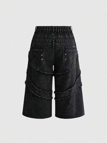 ROMWE Grunge Punk Dark Punk Plus Size Women's Wide Leg Denim 7/8 Pants With Double Waistband Distressed Frayed Design Streetwear - Black - View 2