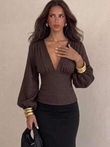 Aloruh Brown Woven Women's Deep V-Neck Fitted Waist Blouse,Going Out - Brown - View 8