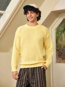 Whitmere ANDREILEE Men's Casual Pullover Sweater, Streetwear Style, Solid Color, Long Sleeve, Round Neck, Loose Fit, Short Length, Lightweight, Polyester, Suitable For Spring, Autumn And Winter - Yellow - View 7