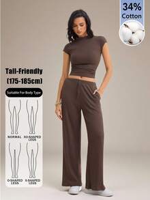 SHEIN Tall Women's Solid Color Stand Collar Cap Sleeve Top And Pants Casual 2 Pieces Set - Brown - View 9