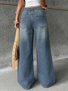 Teen Girl Y2k Dark Blue Denim Loose And Comfortable Straight-Leg Jeans For Rave Outfits Festival - Medium Wash - View 2