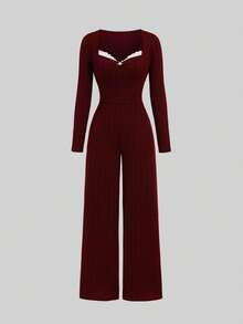 Sweetra Combinaison femme vintage blanche en maille avec patchwork en dentelle, manches longues, style minimaliste élégant et sexy, pour printemps, automne et hiver, brunch et dîner - Rouge foncé - Voir 1