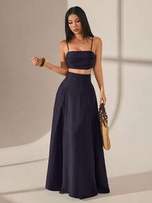 SHEIN PETITE 女款純色短版細肩帶背心上衣與裙子時尚兩件套 - 淺灰紫 - 查看 3