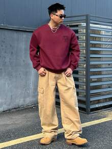 DAZY Burgundy Fleece Sweatshirt Fabric Long Sleeve Ribbed Cuff & Hem Design Letter Print Pullover Sweatshirt For Men Fall - Burgundy - View 3