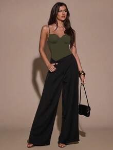SHEIN BAE 女款純色極簡性感街頭風細肩帶連身衣 - 軍綠色 - 查看 5