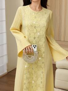 Yasmyna Sequin 3D Floral Decor Round Neck Bell Sleeve Elegant Arabian Dress - Yellow - View 5