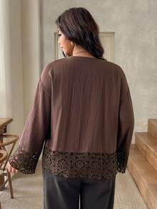 SHEIN Frenchy Plus Size Casual Lace-Up Ruffle Patchwork Textured Fabric V-Neck Long Sleeve Shirt - Brown - View 3