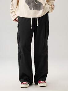 Vaulklash Loose Fit Men's Cargo Pants With Flap Pockets, Side Drawstring Waist, Fall Wide Leg - Black - View 6