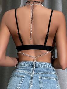 VaVaBold Rhinestone Studded Fishnet Overlay Cami Top For Holiday Party Clothes - Black - View 2