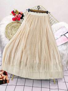 SHEIN Unity Plus Size Women A-Line Mesh Skirt With Elastic Waist And Glitter Decor, Mid-Length - Apricot - View 1