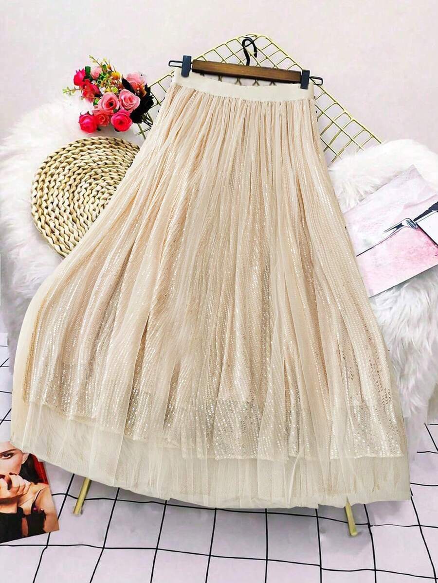 SHEIN Unity Plus Size Women A-Line Mesh Skirt With Elastic Waist And Glitter Decor, Mid-Length - Apricot - View 1