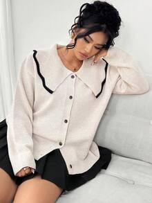 Elenzga Plus Size Loose Fit Slimming Contrast Color Plus Size Collar Long Sleeve Commuter Versatile Knit Cardigan Sweater - Apricot - View 6
