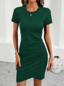 SHEIN LUNE Summer Music Festival Black Short Sleeve Bodycon Dress For Women - Dark Green - View 6