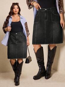 Elaquor Plus Size Fashion Versatile Button Pocket Denim Skirt Teacher For Women - Black - View 2