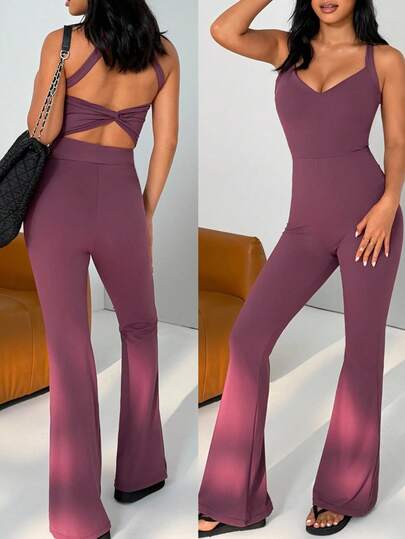 Nuvra Women's Wide Strap Criss-Cross Sleeveless Backless Flare Leg Jumpsuit With Pleated V-Neck Yoga Jumpsuit