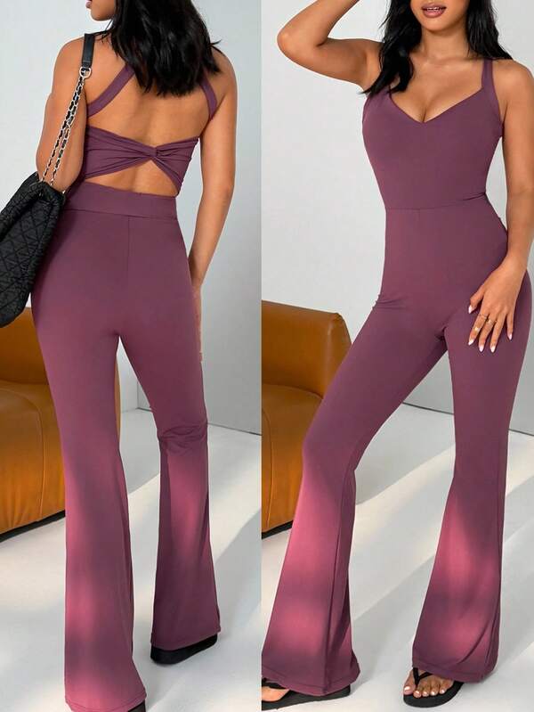 Nuvra Women's Wide Strap Criss-Cross Sleeveless Backless Flare Leg Jumpsuit With Pleated V-Neck Yoga Jumpsuit