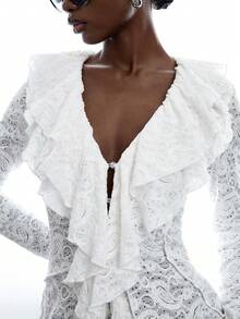 LYSMO Women's Lace Ruffle Fashion Versatile Blouse - Beige - View 6