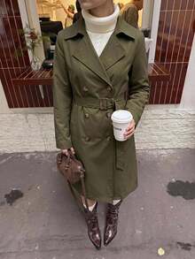 SHEIN MOD Khaki Retro Long-Sleeved Waist Women's Trench Coat,Winter,New Year Eve,Business - Army Green - View 3