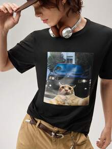 Vaulklash Funny Selfie Cat & BMW M5 E39 Crewneck Short Sleeve T-Shirt For Men - Black - View 8