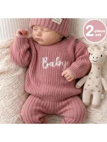 SHEIN Newborn Baby Letter Embroidered Autumn Winter Sweater, Leggings, Bow Decor Socks And Hat Knit Set - Pink - View 8