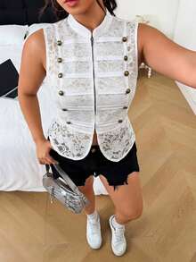 SHEIN EZwear 大尺碼女款蕾絲休閒百搭日常穿著襯衫 - 白色 - 查看 3