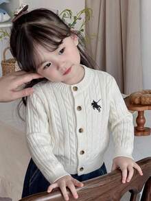 SHEIN Áo cardigan len dệt kim mùa thu cho bé gái, tay dài, cài nút đơn, thêu họa tiết hiệp sĩ, phong cách thường ngày - Hồng - Xem 1