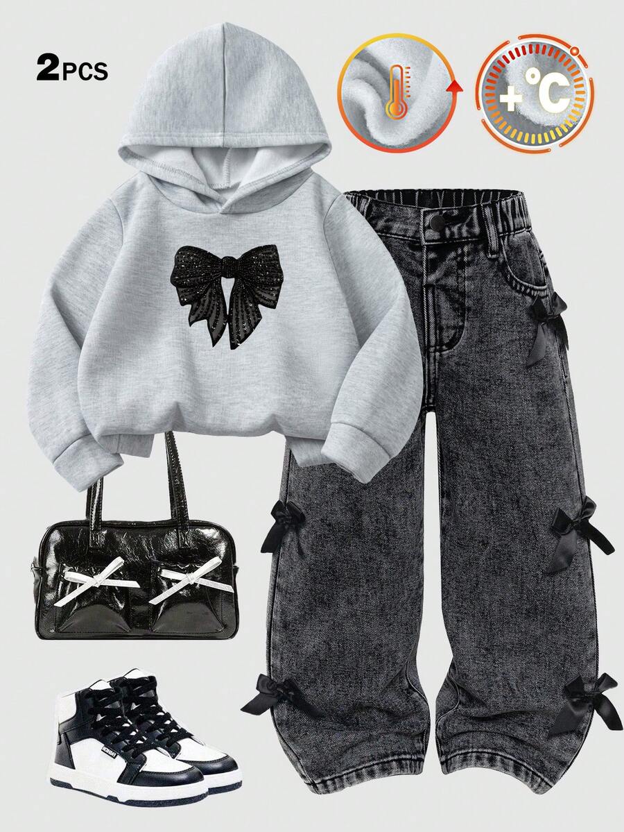 SHEIN ChillGRL 2件組女孩套裝：柔軟連帽衛衣、直筒牛仔褲，休閒穿搭，適合秋冬/夏季、日常、返校、職業日、派對，白色