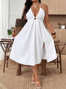 EMERY ROSE Plus Size Women Summer Solid Color Side Slit Hem Sexy Spaghetti Strap Dress - White - View 5
