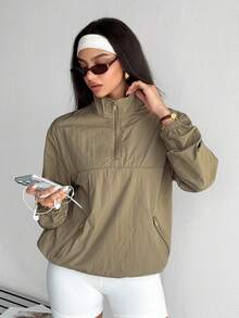 SHEIN Dewbera Women's Khaki Sports Jacket, Lightweight And Comfortable, Half-Zip Front With Small Stand Collar, Suitable For Daily Commute, Sports And Casual Wear, Fashionable And Versatile - Khaki - View 7