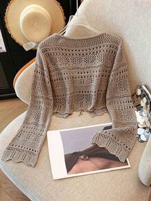 Franclia New Solid Color Hollow Crochet Sun Protection Cardigan Women Versatile Outerwear Knit Cardigan - Mocha Brown - View 2