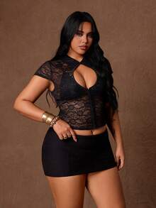 Rustia Plus Size Women's Cutout Sexy Front Button Lace Top - Black - View 4