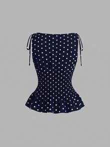 SHEIN MOD Women's Polka Dot Pattern Waist Gathered Sleeveless Blouse And Long Pants Casual 2 Pieces Set - Navy Blue - View 7