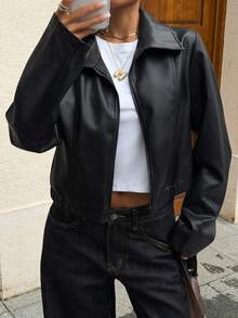 Livesso Women's Solid Color PU Leather Zipper Front Casual Regular Fit Jacket Fall - Black - View 3