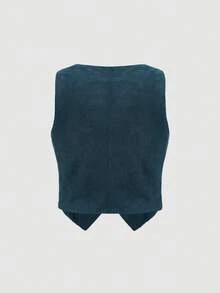 SHEIN MOD 大尺碼女款純色單排扣休閒口袋背心外套 - 寶藍色 - 查看 5