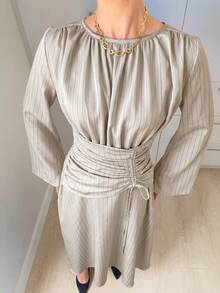 Siren Gaze Women's Striped Round Neck Long Sleeve Drawstring Waist Casual Long Dress - Apricot - View 5