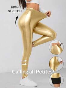 SHEIN PETITE 针织涂层女士打底裤，浅金色 - 金色 - 查看 1