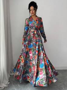 Elenzga Lapel Collar Waist Bow Tie Print Floral Long Sleeve Dress - Multicolor - View 5