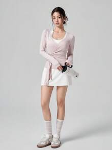 DAZY 女款夏季韓風側綁結粉色短版上衣，休閒度假戶外街頭居家修身運動T恤 - 粉色 - 查看 3