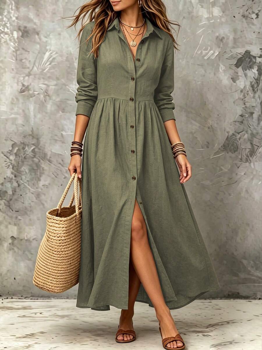 Linhara CURVE Plus Size Woven Elegant Summer Long Dress Fall - Green - View 1