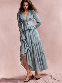 Willow Rêve Women's Dusty Blue V Neck Long Sleeve Maxi Dress Lace Patchwork Ruffle Peplum Tiered Hem Romantic Elegant Autumn Wedding Brunch Tea Party Gown - Green - View 3
