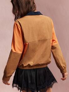 Willow Rêve Jaket Windbreaker Longgar Wanita Motif Garis-Garis Cokelat Oranye, Kerah Tegak Setengah Resleting, Saku Resleting, Manset Elastis, Gaya Kasual Musim Gugur, Jaket Elegan Wanita - Khaki - View 2