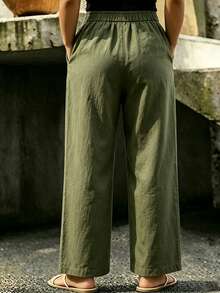 Linhara CURVE Plus Size Women's Solid Color Comfortable Cotton Elastic Waistband Pocket Casual Pants, Button Decor Fall - Army Green - View 2